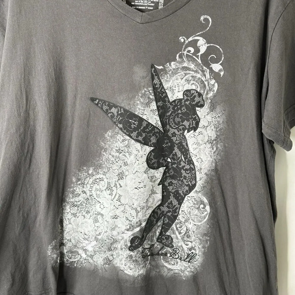 Disney Tinker Bell Grey Graphic T-Shirt Sz XXL Organic Cotton Fairy Lace Overlay - Picture 5 of 9